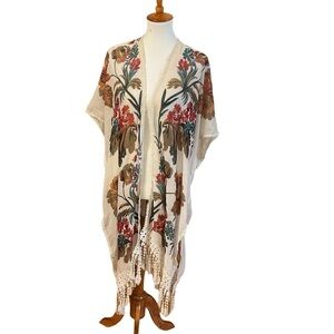Woven Heart Floral Poncho Cover up Short Sleeve Kimono Size XL